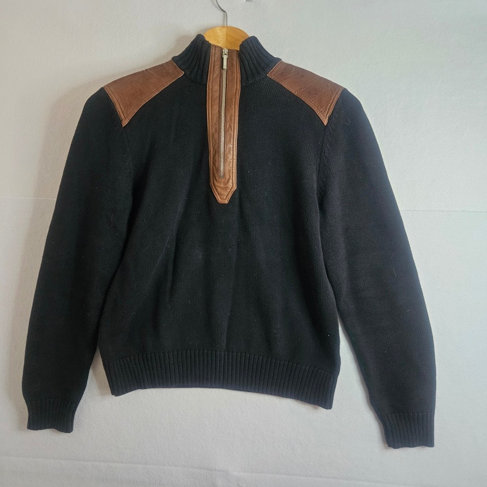 Lauren Ralph Lauren Petite Black Cotton Quarter Zip Sweater Leather Trim P/L